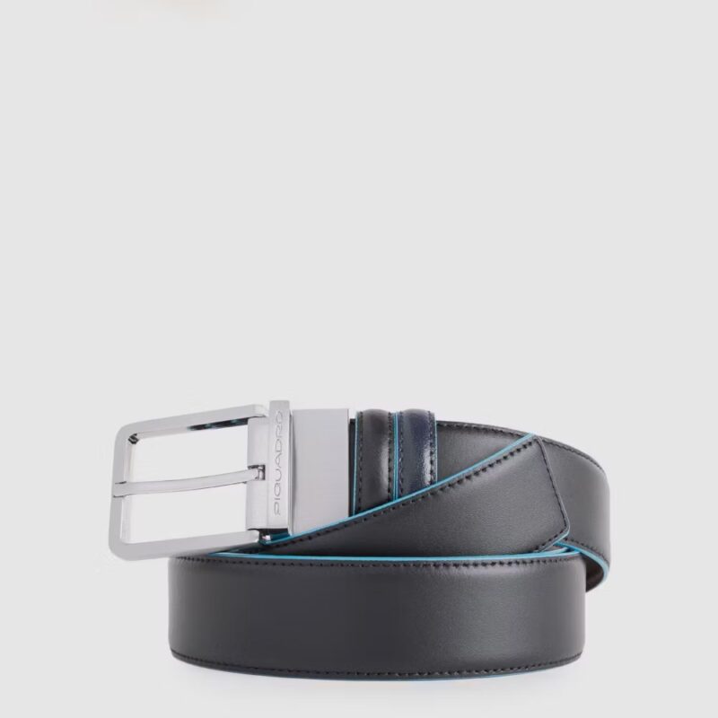 Cintura Uomo Reversibile con Fibbia ad Ardiglione, Interno e Bordi a Contrasto in Azzurro Blue Square