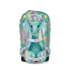 Colorful Ergosack-style children's backpack with padded straps and chest strap, teal and pastel hues, designed for school use — view from the back long strap system and ergonomic back panel.