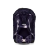 Back view of a dark purple ergonomically designed ergobag school backpack with pink buckles and padded straps.