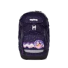 Purple children's backpack with a starry night pattern, front pocket with a round fairy sticker, and reflective strip at the bottom edge (Ergobag brand).