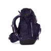 Dark purple galaxy-pattern backpack with pink straps and multiple compartments seen from the side (child-sized).